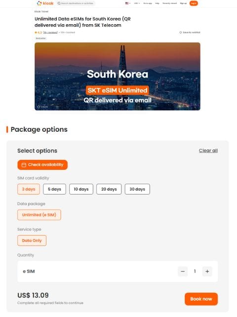 South Korea Unlimited Data eSIM for 30 Days from Klook